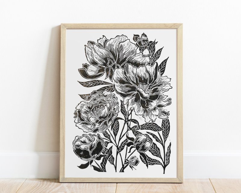 Linocut 印花黑牡丹花乔迁礼物植物插画艺术 - 海报/装饰画/版画 - 纸 黑色
