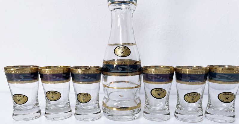 波西米亚 - 套装复古伏特加酒水瓶和 6 个装饰玻璃杯 - 随行杯提袋/水壶袋 - 玻璃 