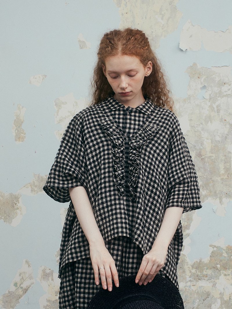 盐缩棉麻黑白格花边v领宽松背心马夹 - 女装背心 - 棉．麻 银色