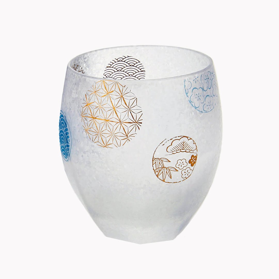 345cc【日本ADERIA】夏日祭典 丸纹 刻字玻璃杯 描金工艺吉祥图案 - 酒杯/酒器 - 玻璃 蓝色