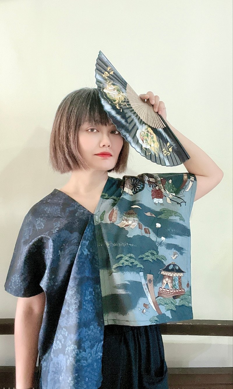 长短不对称灰色毛料京都祭典印花拼接蓝黑风景丝质大岛䌷四角衣 - 女装背心 - 丝．绢 多色