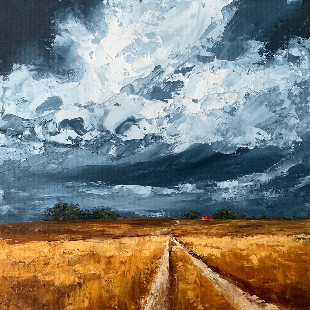 Original Stormy Landscape Yellow Field Oil Painting On Canvas Textured Impasto - 墙贴/壁贴 - 棉 多色