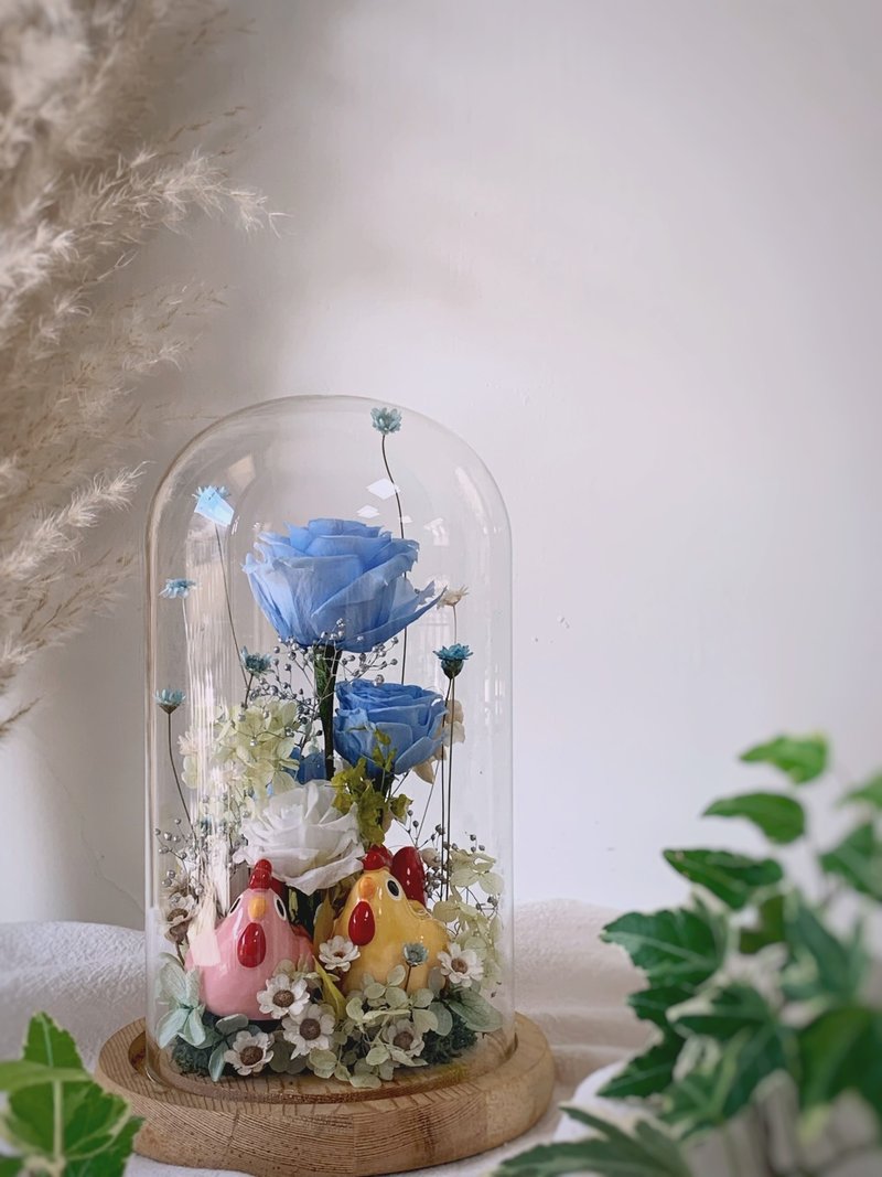 带路鸡起家鸡永生花玻璃罩盅 开幕礼 乔迁礼 开运摆饰 定制化礼物 - 干燥花/捧花 - 植物．花 