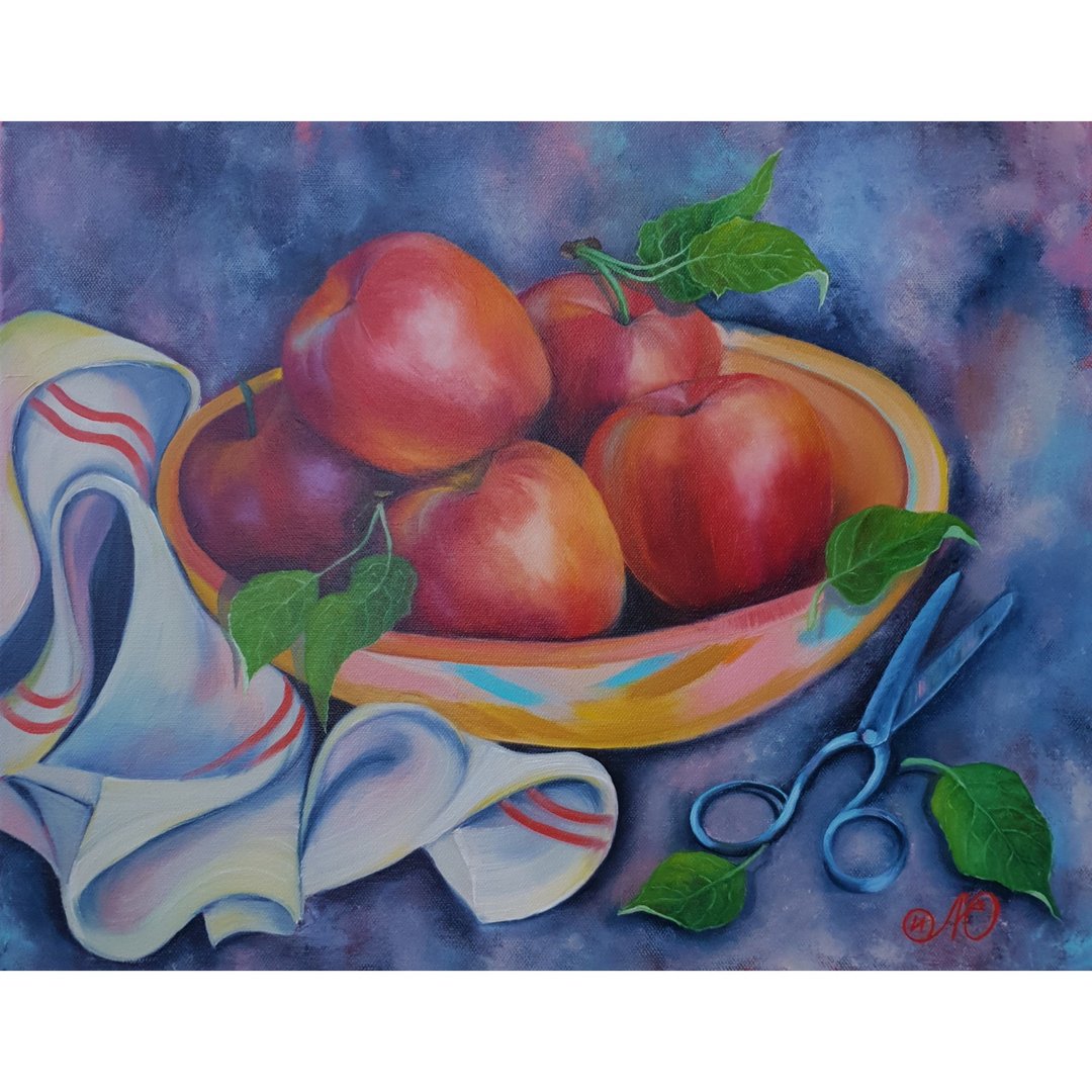 Apple Painting Fruit Original Art Kitchen Artwork Still Life Canvas Oil Painting - 海报/装饰画/版画 - 棉 多色