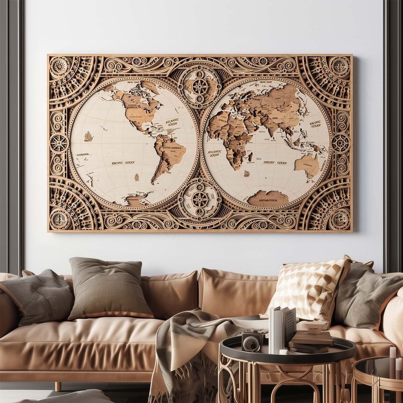 大航海时代 3D立体实木雕刻地图 - 征途 双半球典藏款 - 海报/装饰画/版画 - 木头 