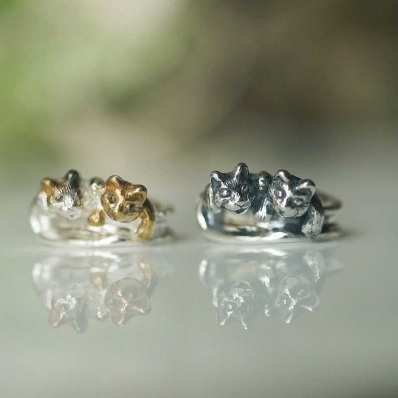 Two cat ear cuffs for the left ear - 耳环/耳夹 - 纯银 银色