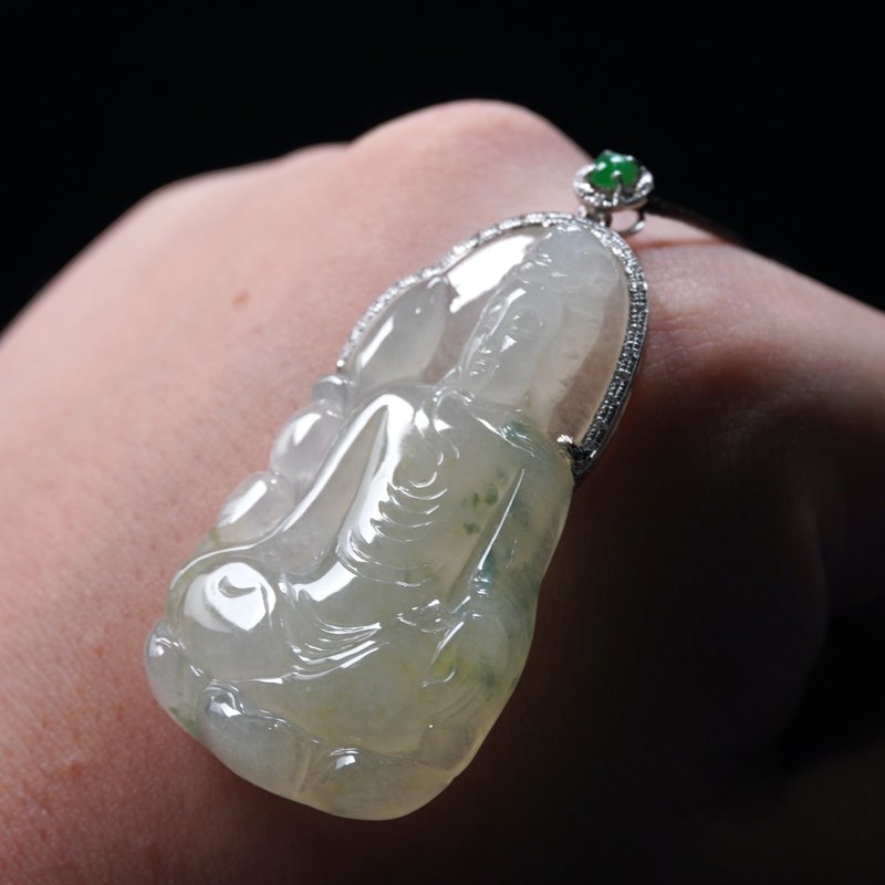 冰黄飘绿花翡翠观音菩萨项链18K金钻石| 天然缅甸玉翡翠A货| 送礼 - 项链 - 玉石 多色