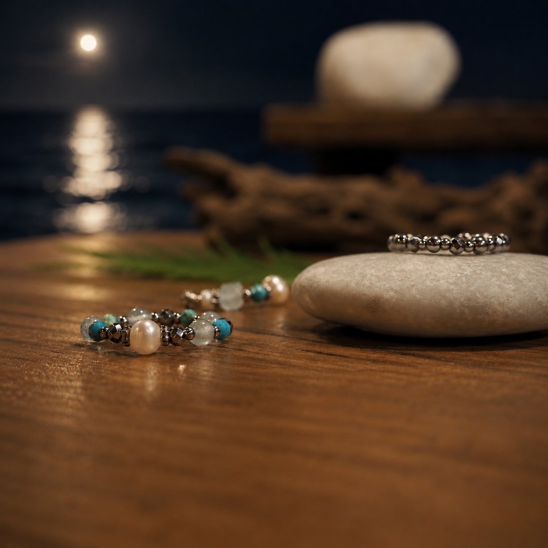 【微醺・夜海】海蓝宝石 淡水珍珠 松石 医疗钢戒指 RG-00016 - 戒指 - 半宝石 蓝色