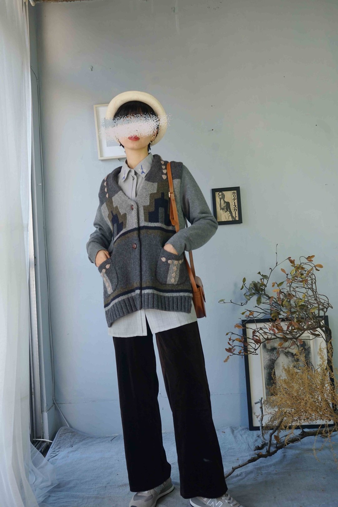 寻宝古着-深灰色个性拼接翻领针织外套 - 女装针织衫/毛衣 - 羊毛 灰色