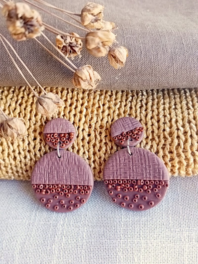 Terracotta Bohemian Abstract Round Stud Earrings*Handmade polymer clay earrings - 耳环/耳夹 - 粘土 咖啡色
