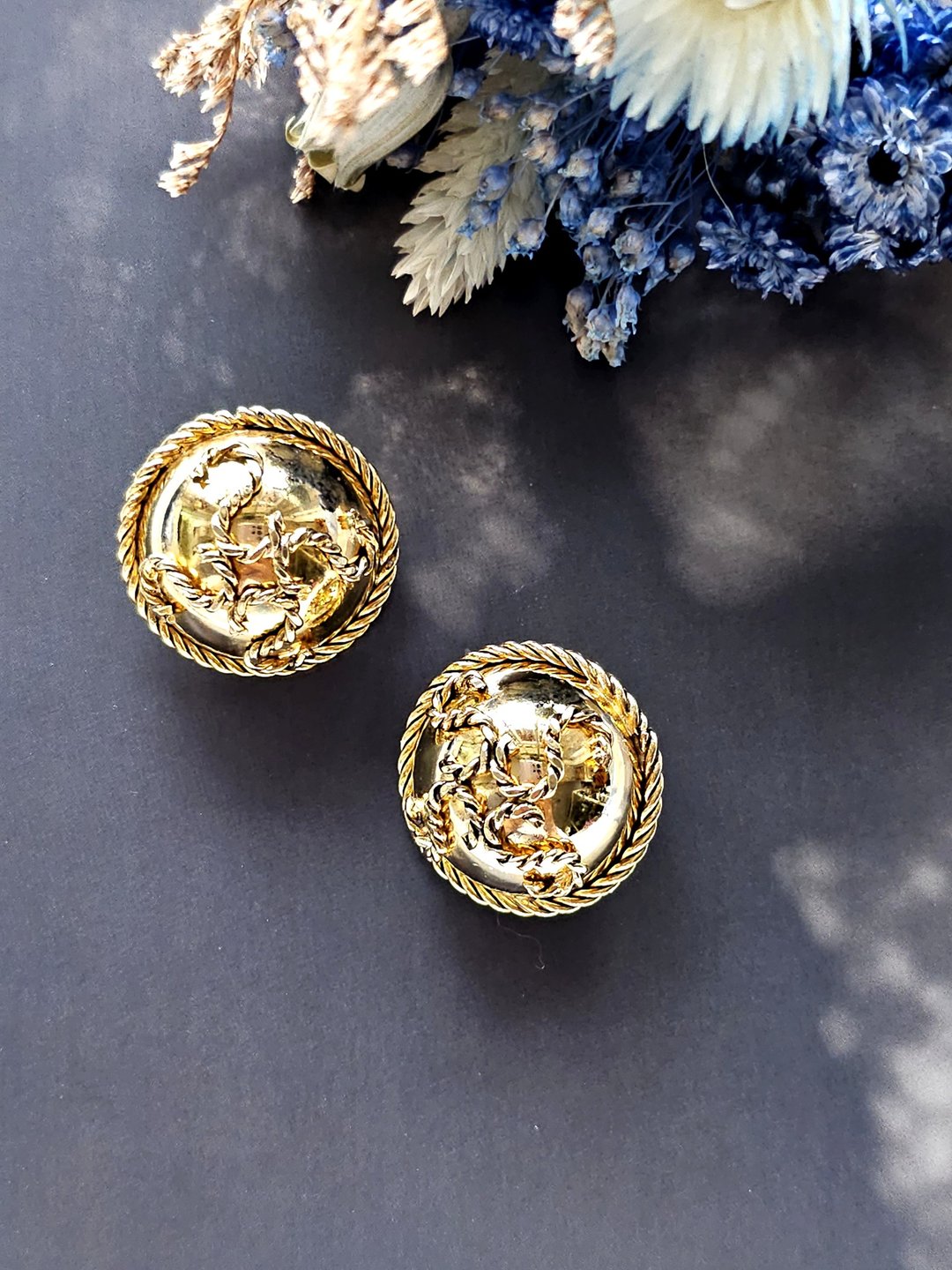 金球面绳边摩登夹式耳环/vintage美国西洋古董饰品 - 耳环/耳夹 - 其他金属 
