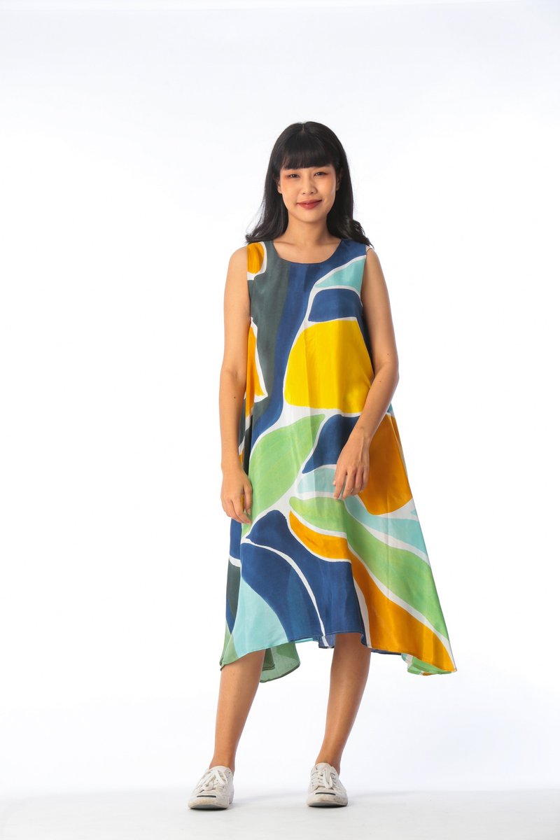 Dress Hand Paint Soft Cotton Silk for Yoga Vacation Holidays - 洋装/连衣裙 - 棉．麻 绿色