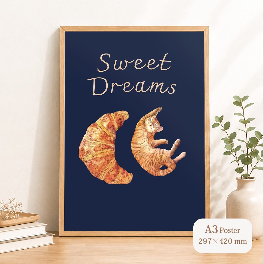 SWEET DREAMS_猫与可颂 / A3 艺术海报 - 海报/装饰画/版画 - 纸 白色