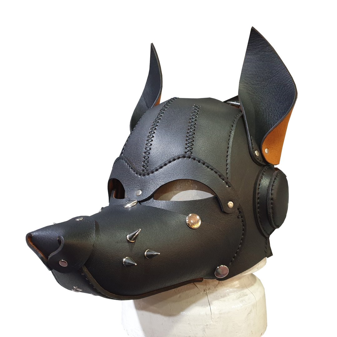 皮革犬型面具头套 - 口罩 - 真皮 黑色