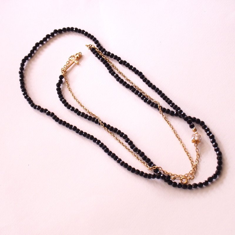 天然黑玛瑙 多层长链 锆石 十字架 镀金项链 Onyx long necklace - 长链 - 半宝石 黑色