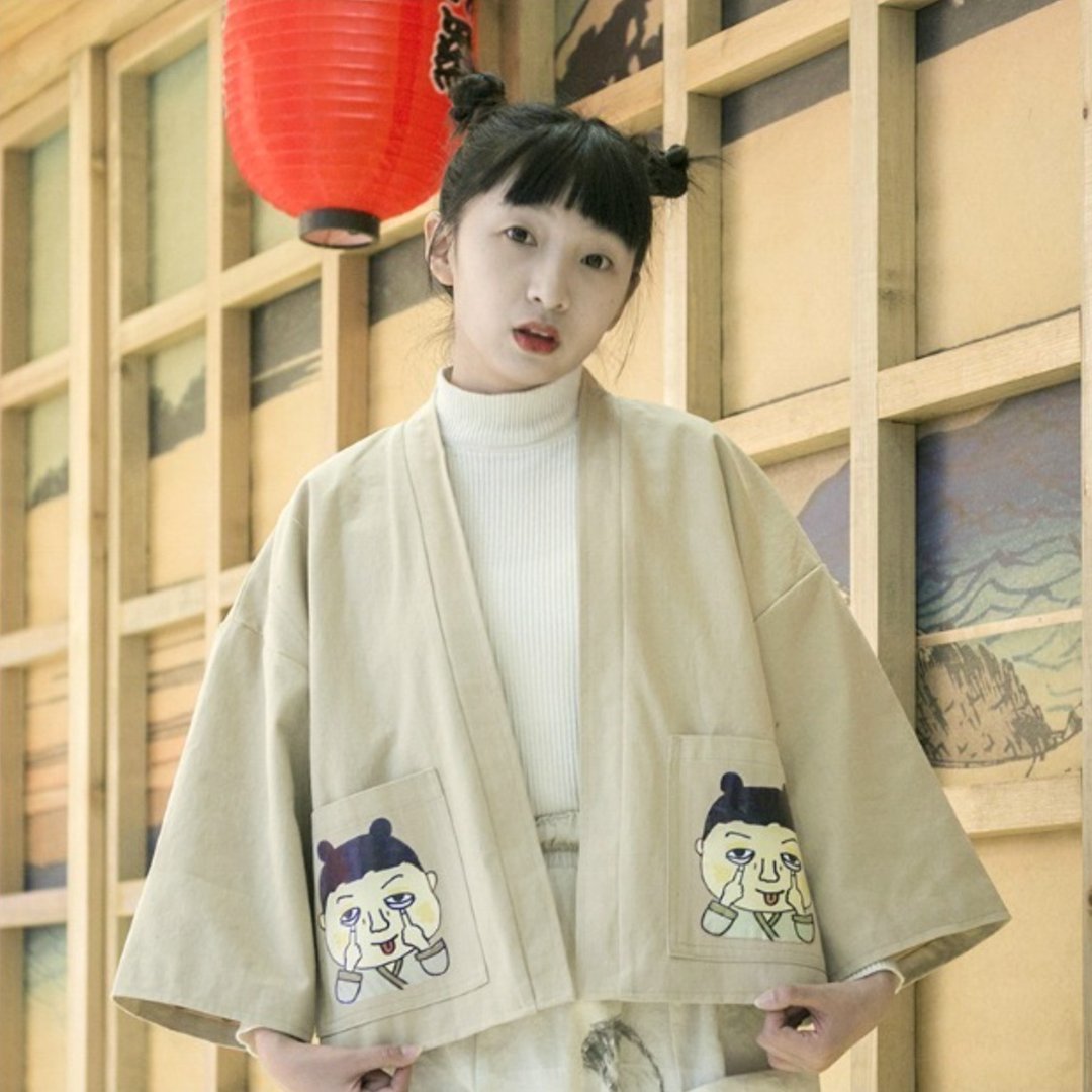 日式浮世绘羽织道袍 搞怪人物印花和服 开衫式外套 - 女装上衣 - 其他材质 卡其色