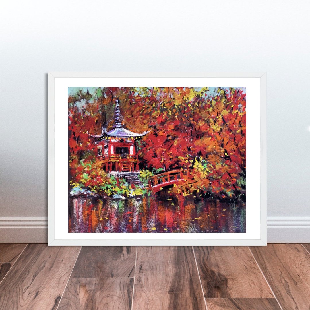 Daigo-ji Temple original oil pastel painting Japanese fall landscape 9 by 11 in - 墙贴/壁贴 - 纸 多色