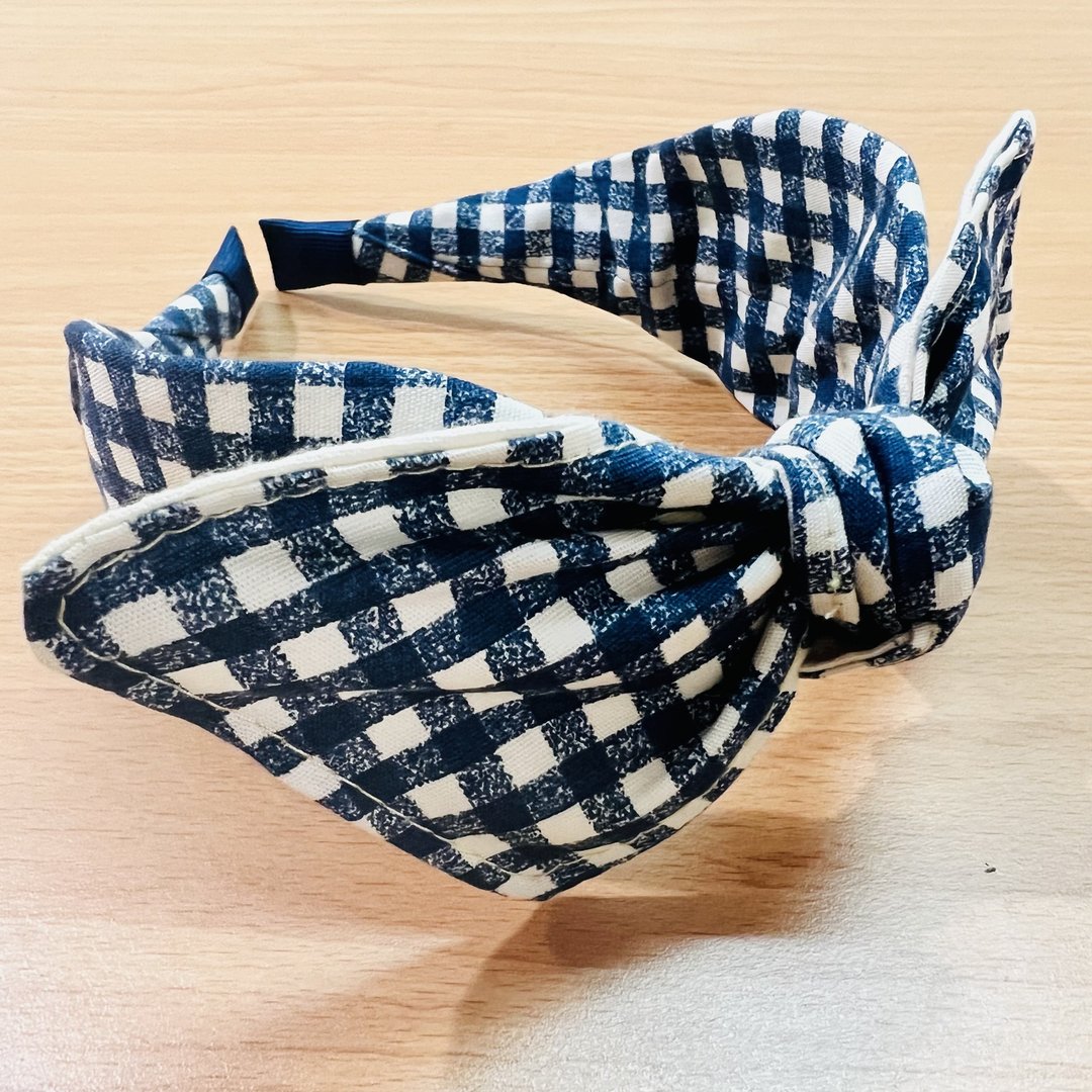 MOYA 宽版手工发箍 蜡笔画格子蓝 - 发饰 - 棉 蓝色