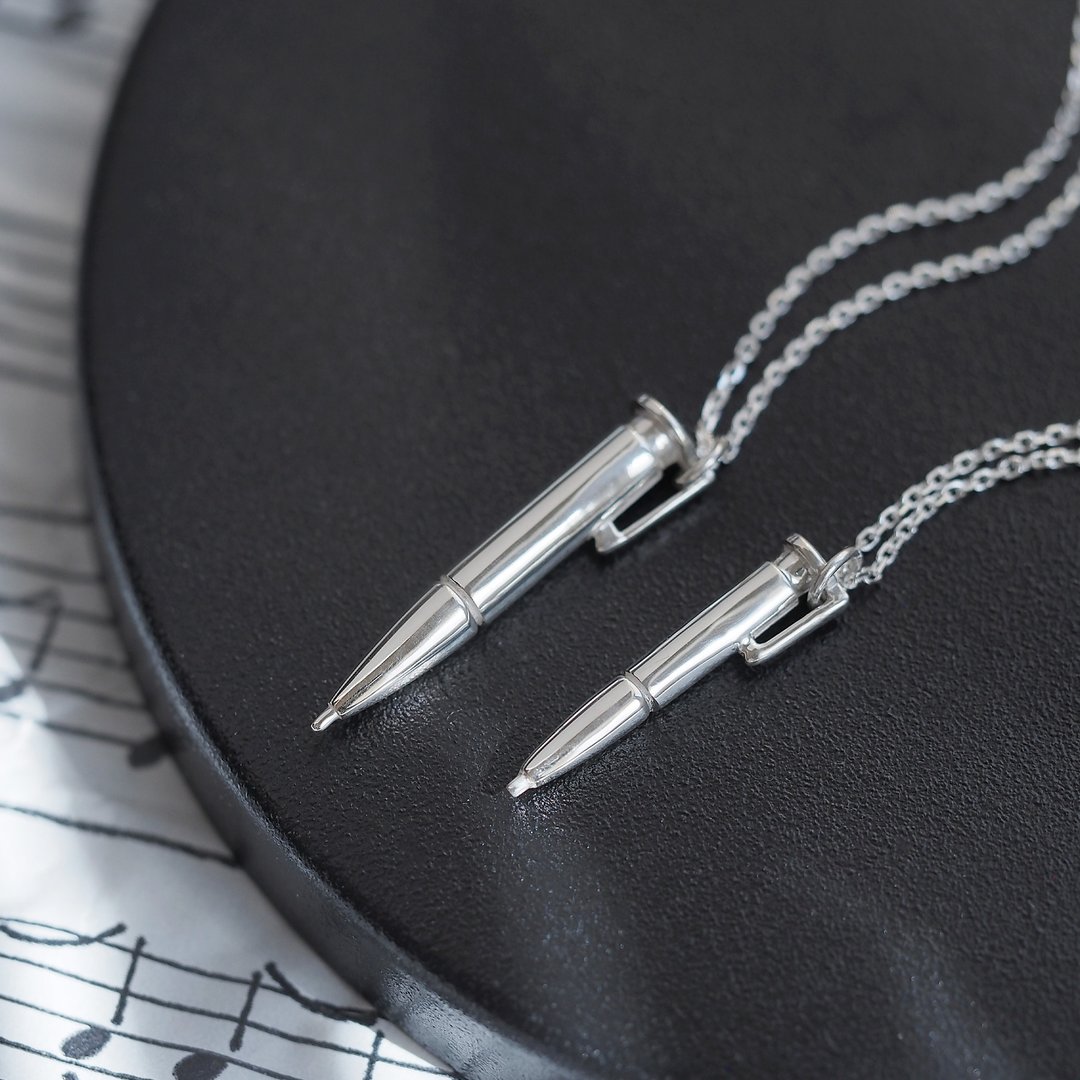 2 pieces set) Miniature ballpoint pen pair necklace Silver 925 - 项链 - 其他金属 银色