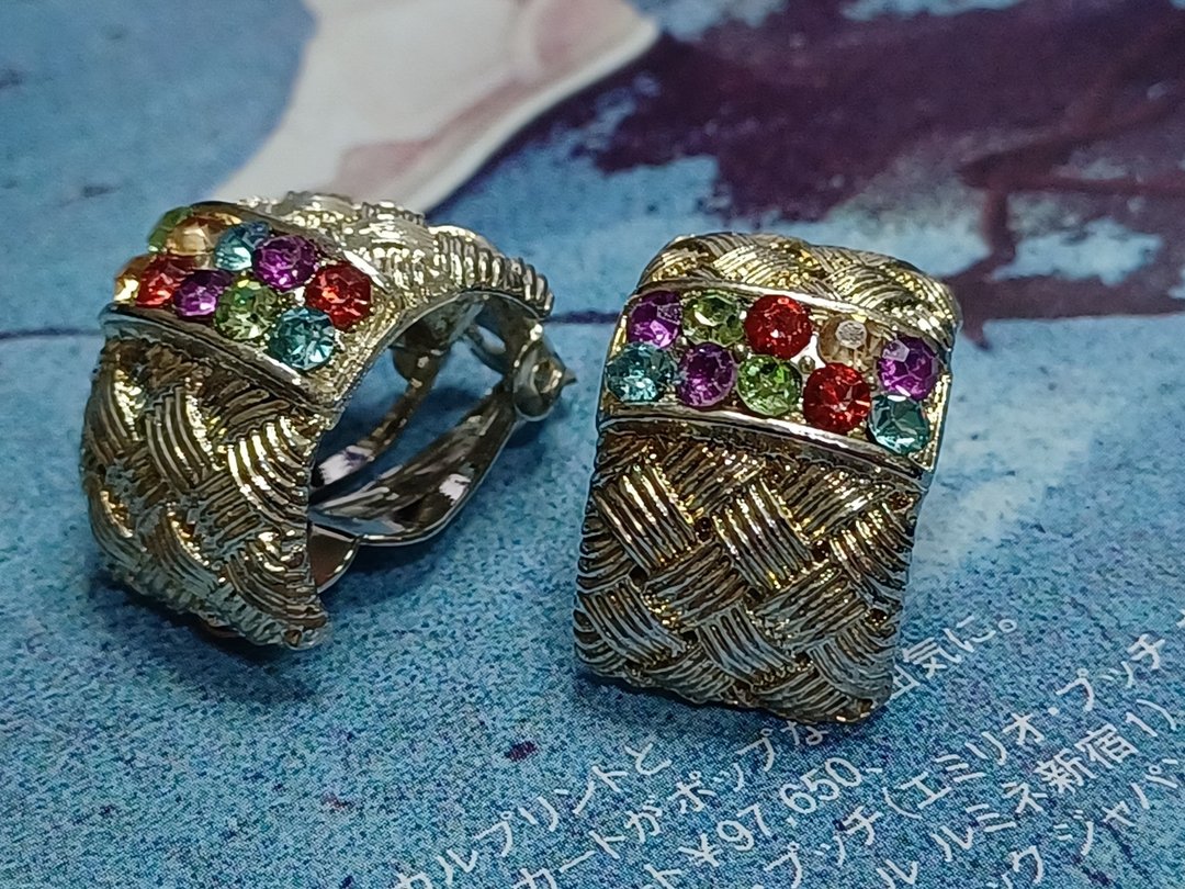 vintage jewelry  古董格纹莱茵夹式耳环 - 耳环/耳夹 - 其他金属 