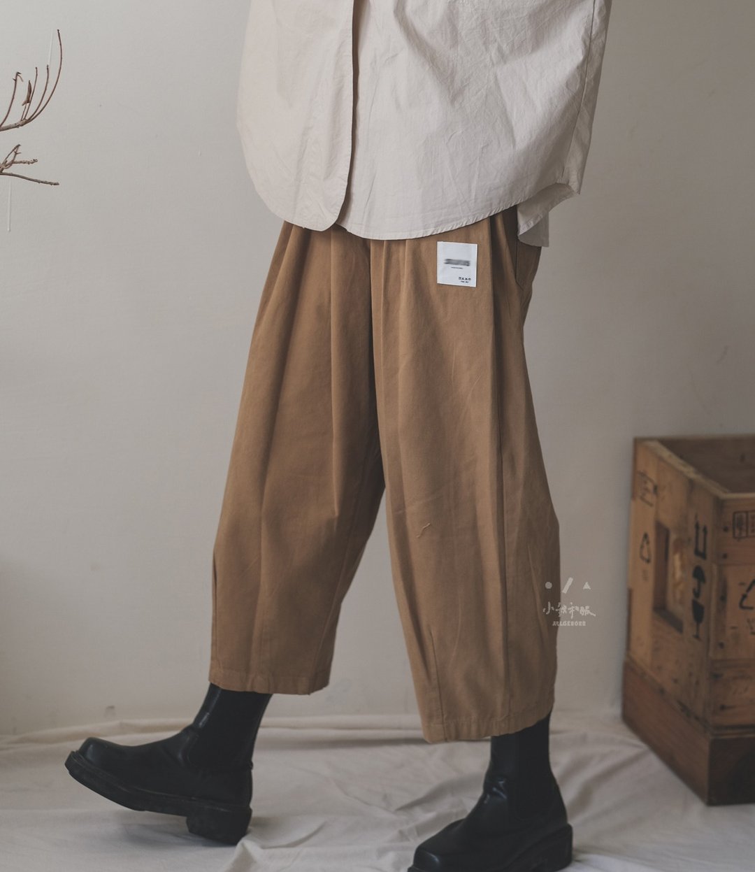 质感黑咖啡八分宽裤 - 3色- 卡布奇诺(卡其色) - 男士长裤 - 棉 卡其色