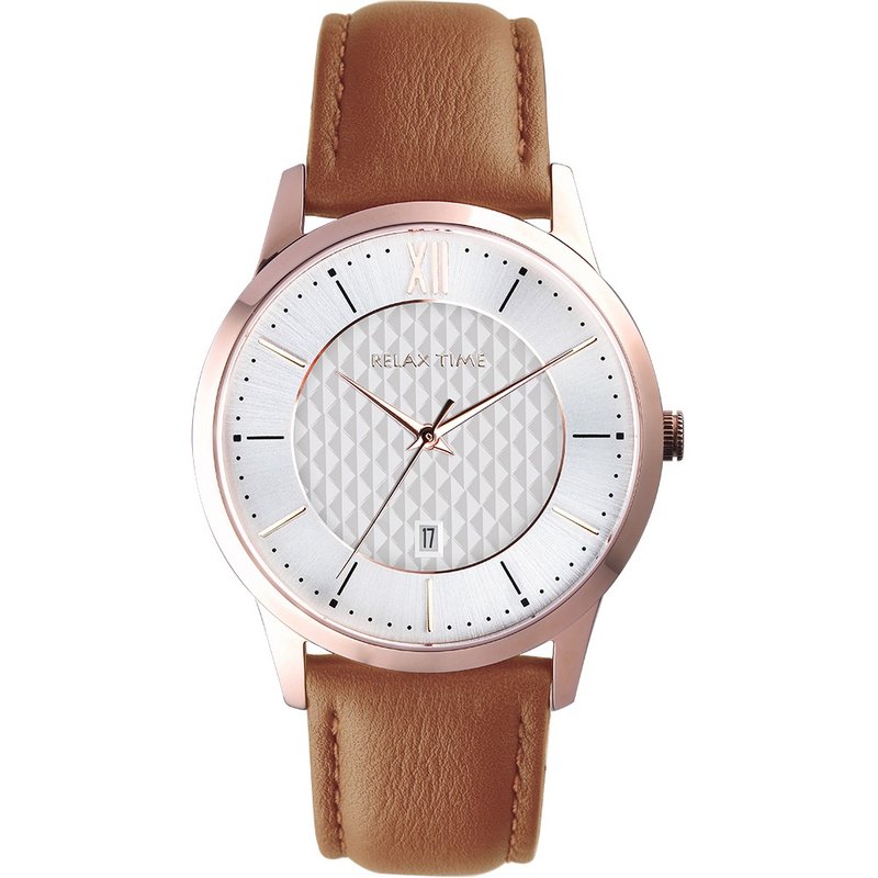 RELAX TIME 石英款 立体格纹时尚男表 -玫瑰金 (RT-118-3M) 42mm - 男表/中性表 - 不锈钢 咖啡色