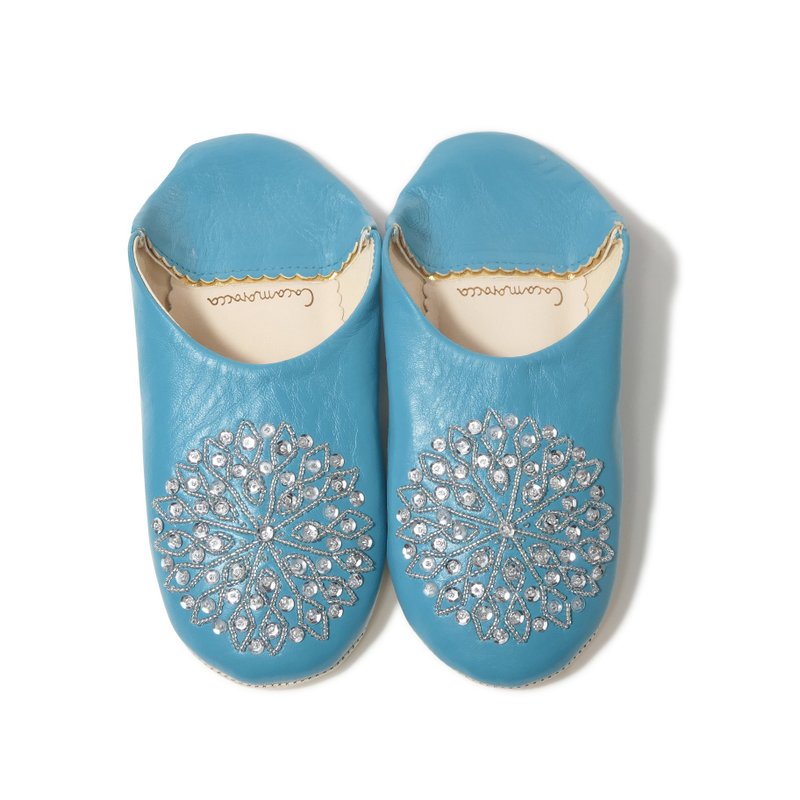 Blue / silver / moroccan Leather babouche Slippers / High quality odourless - 室内拖鞋 - 真皮 蓝色