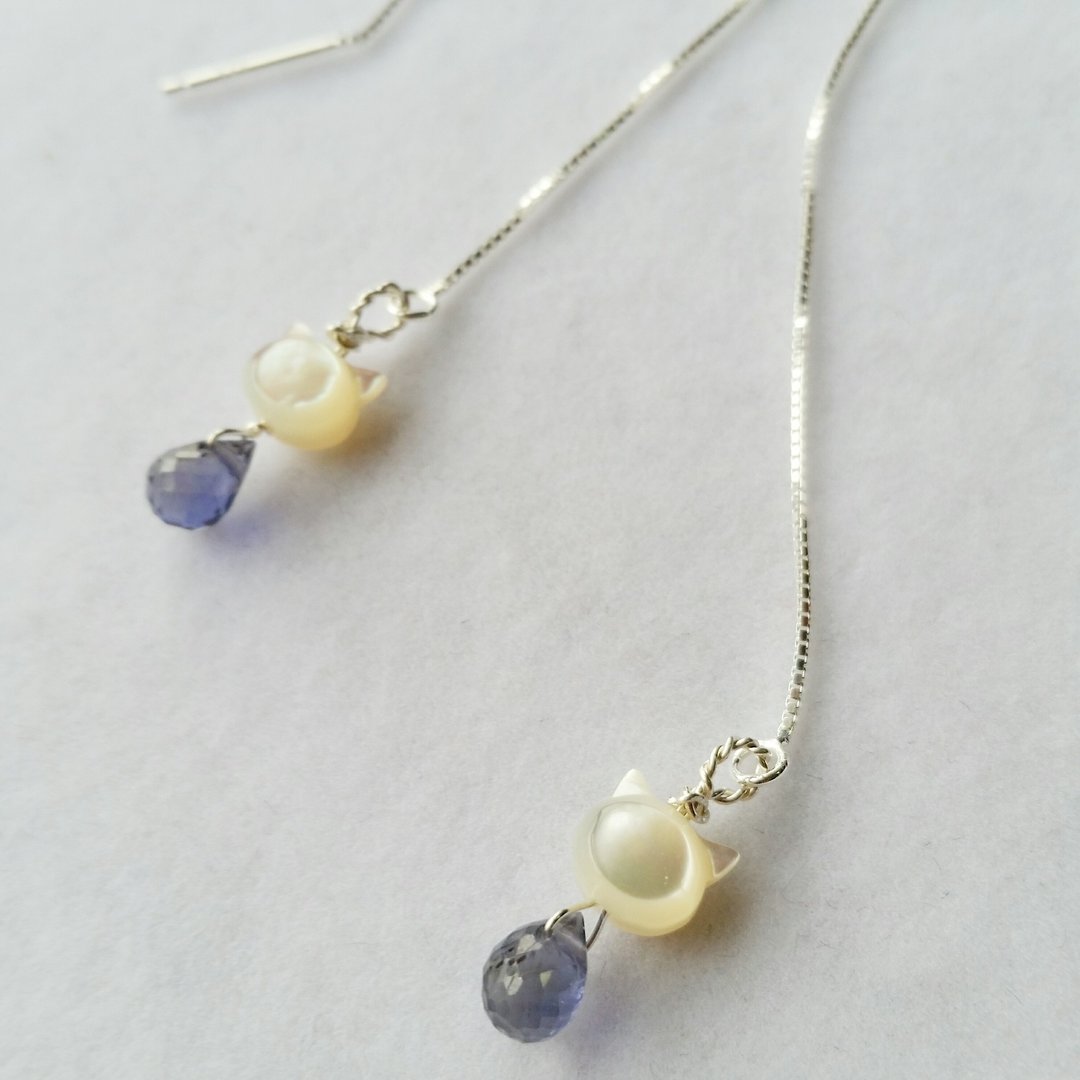 925 silver earline with mother pearl and cordierite925纯银耳线 (贝母猫头,堇青石) - 耳环/耳夹 - 宝石 紫色