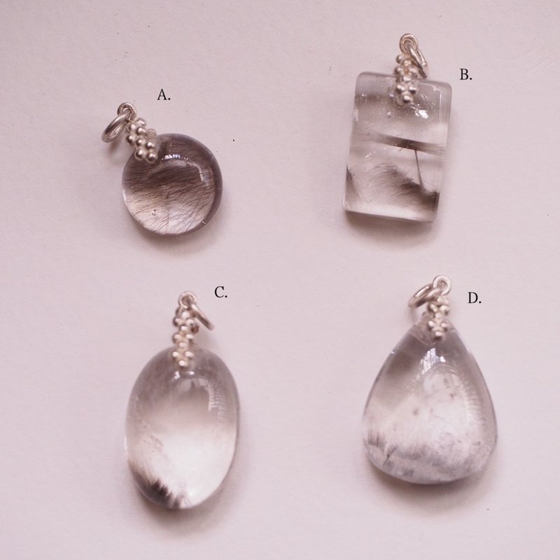 天然黑银钛 手工纯银坠子 Brookite in Quartz - 项链 - 半宝石 透明