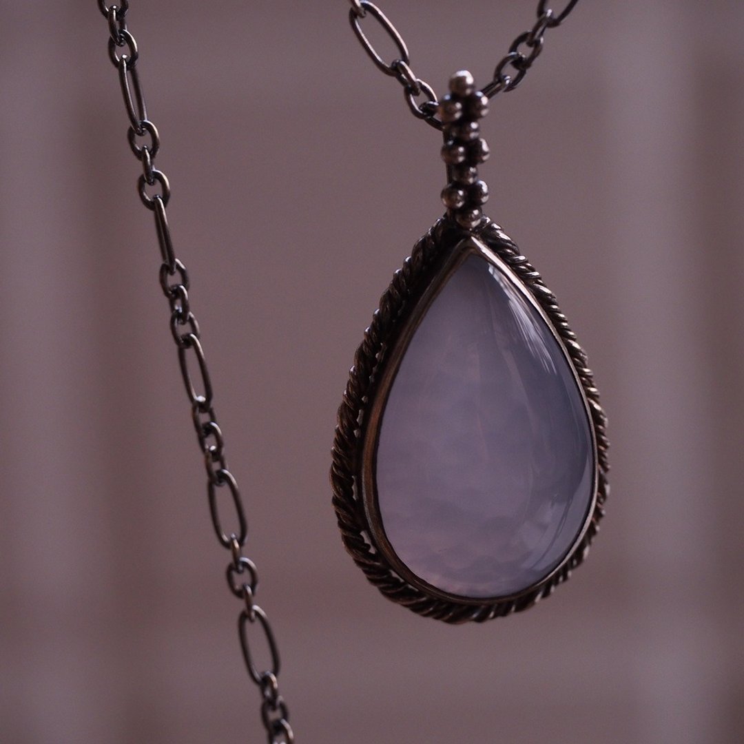 天然蓝玉髓 大颗 纯银手工银链 Blue Chalcedony Necklace - 项链 - 半宝石 蓝色