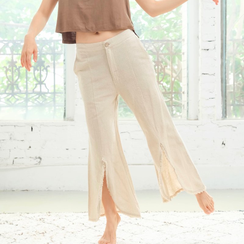 Hemp 毛边前开杈长裤 - 女装长裤 - 棉．麻 白色