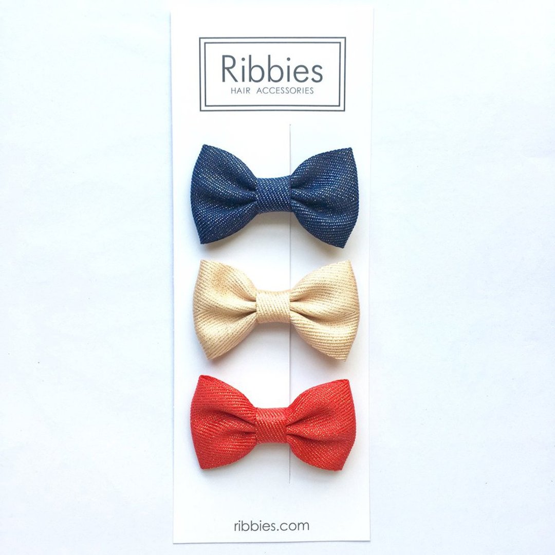 英国Ribbies 雪芙兰缎带闪亮蝴蝶结3入组-红/金/海军蓝 - 发饰 - 聚酯纤维 
