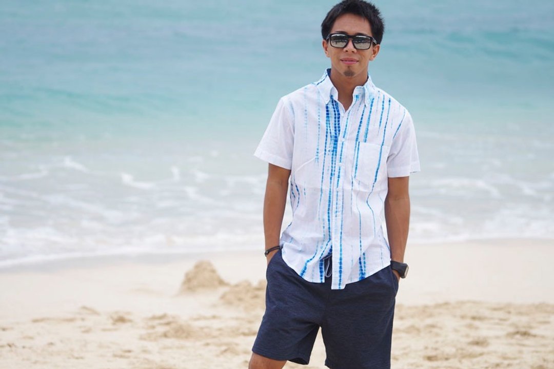 Men's Resort Shirt Thai Dai White Blue - 女装短裤 - 其他材质 蓝色