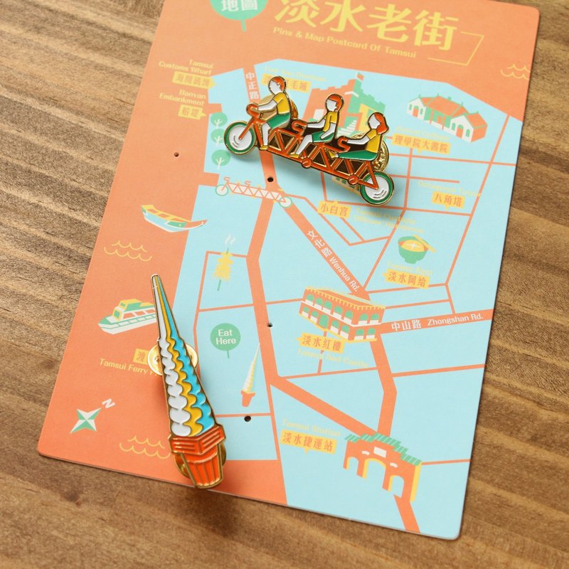 PIN地图-淡水 徽章与明信片组 - 徽章/别针 - 铜/黄铜 多色