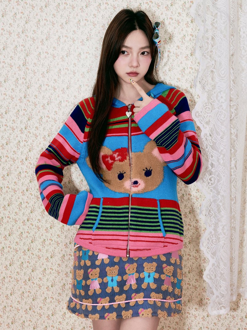 彩色条纹小熊毛线针织长袖连帽开衫 - 女装上衣 - 其他材质 多色