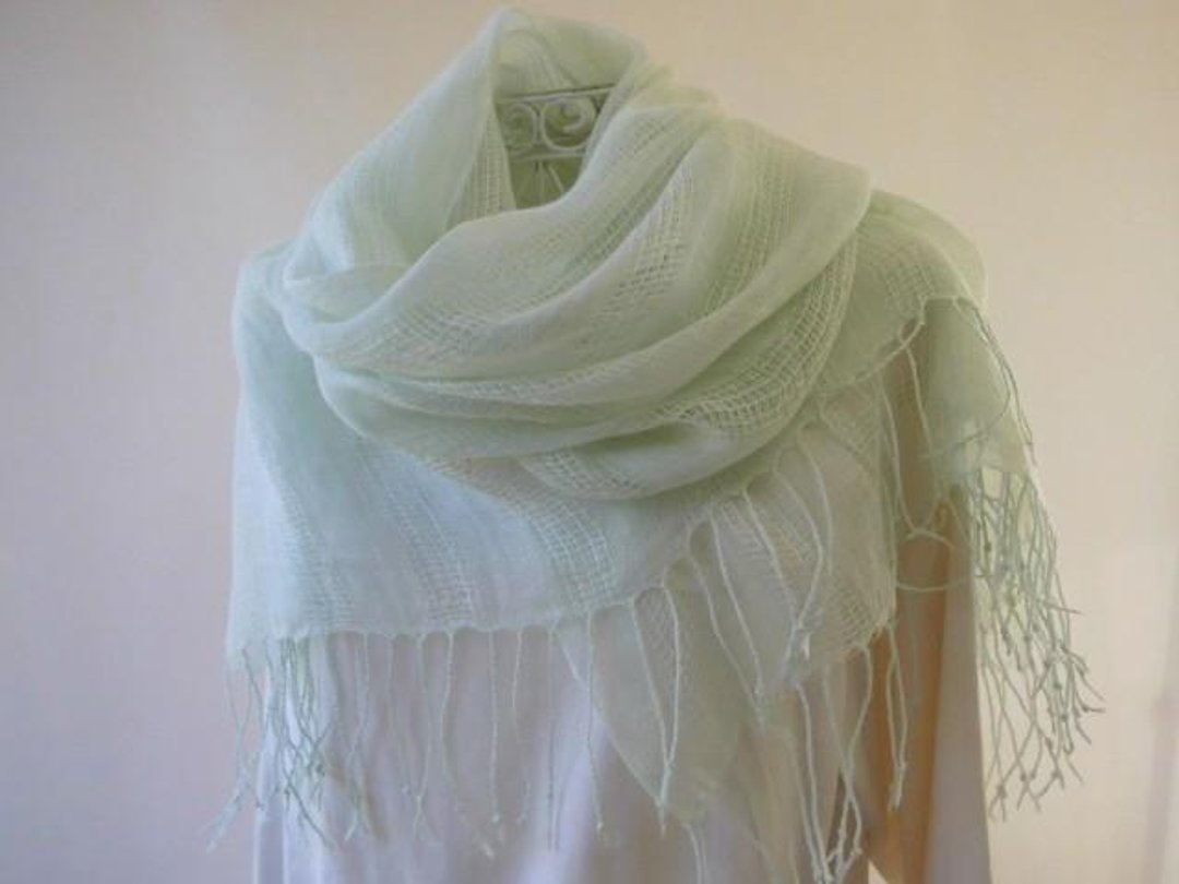 Large format linen (the color of mint tea) knotweed indigo leaves × Sophora Long stall - 丝巾 - 棉 绿色