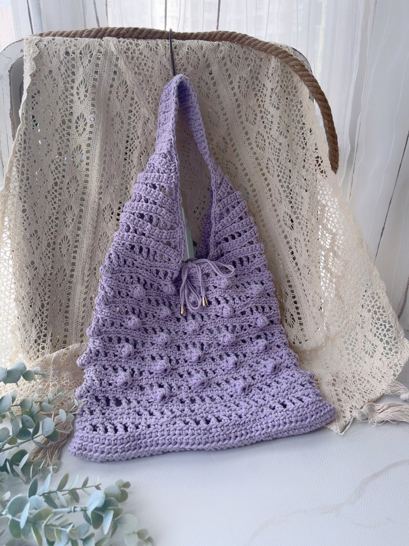 手工钩织Marina 缕空袋手袋单肩包薰衣草紫色针织鈎织编织 - 侧背包/斜挎包 - 棉．麻 紫色