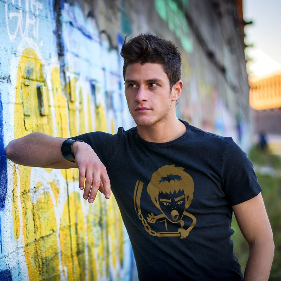 Tee-Saurus Hero Bruce Lee Chrome Gold on Black Tee - 男装上衣/T 恤 - 棉 黑色