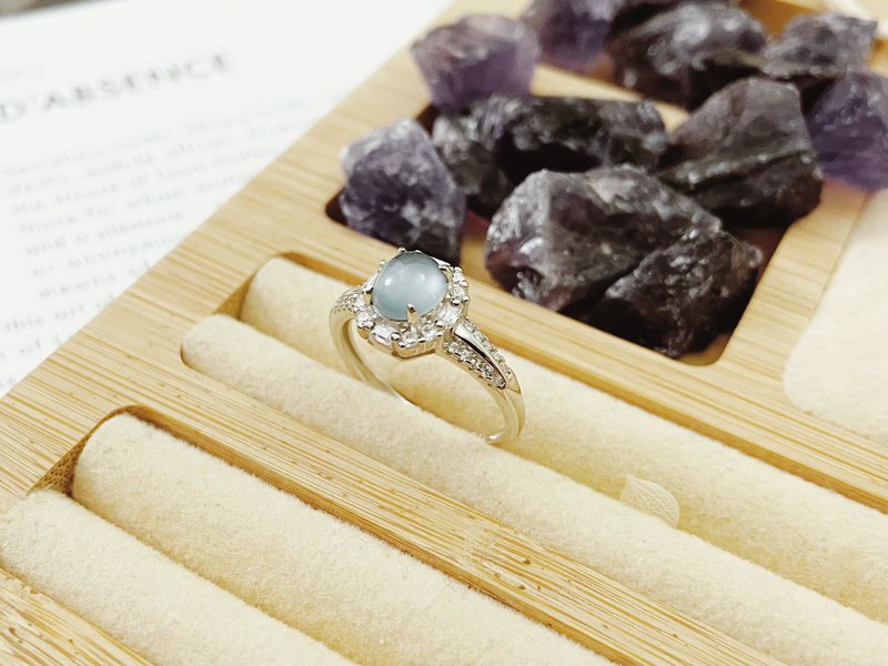 925银 天然天空蓝玻璃 A货瓜料 翡翠  戒指 - 戒指 - 玉石 蓝色