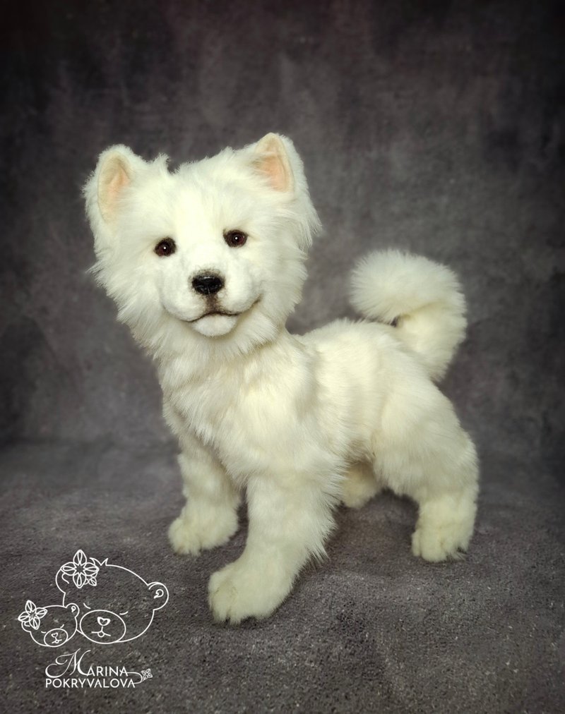 萨摩耶。现实的毛绒狗。逼真的可移动玩具。 - 玩偶/公仔 - 其他材质 白色