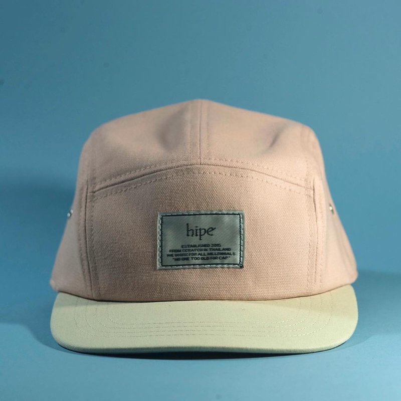 salmon pink & beige 5panel cap - 帽子 - 棉．麻 粉红色