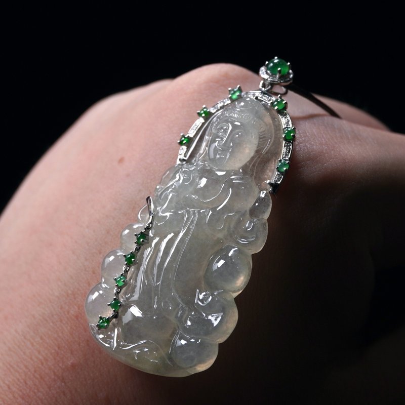 玻璃种翡翠观音菩萨项链 18K金钻石 | 天然缅甸玉翡翠A货 | 送礼 - 项链 - 玉石 黄色