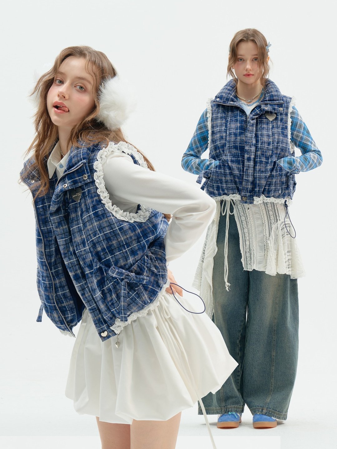 ziziFei秋冬美式设计感加厚加绒蓝色格纹拼接蕾丝棉服马甲外套女 - 女装上衣 - 其他材质 蓝色