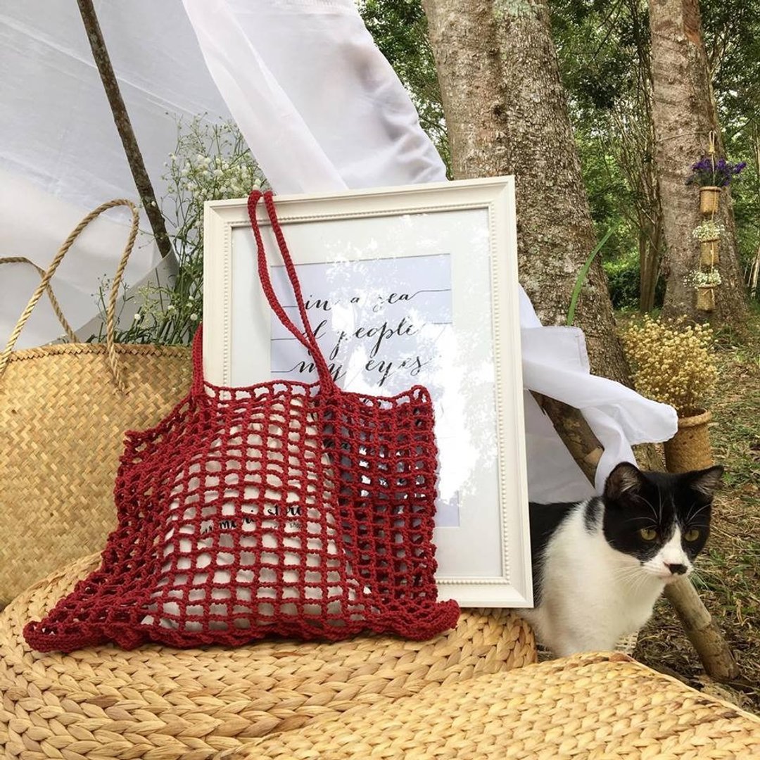 Burgundy Nagridia crochet bag - 手提包/手提袋 - 棉 红色