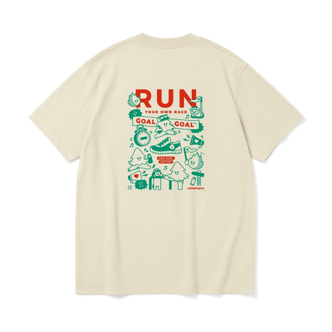RUN(米色T) 重磅插图T 跑 旅行 情侣 中性 - 中性连帽卫衣/T 恤 - 棉 