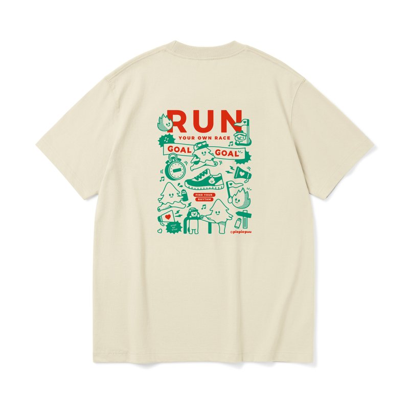 RUN(米色T) 重磅插图T 跑 旅行 情侣 中性 - 中性连帽卫衣/T 恤 - 棉．麻 