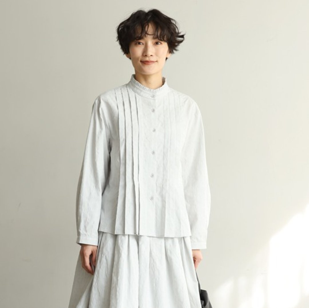 成熟穿搭必备 优雅百褶领衬衫 略带蓝调的亮灰色 240321-4 - 女装上衣 - 棉 