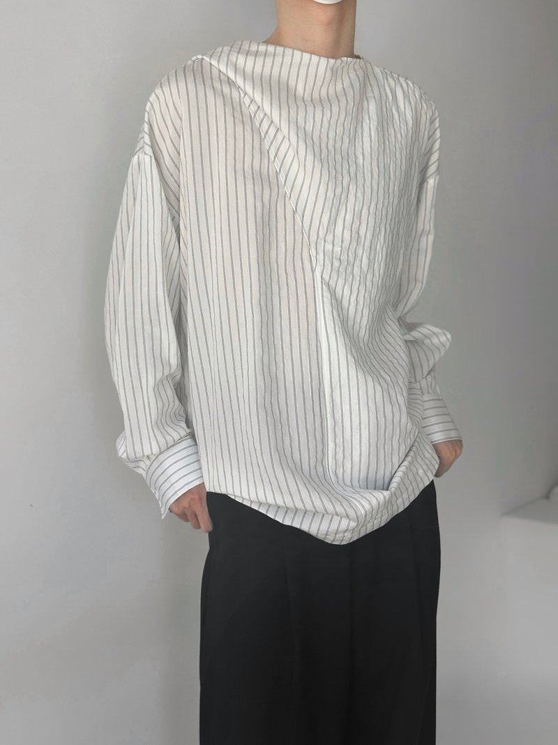 法式极简 荡领设计感飘带衬衫 松弛感条纹长袖 - 男装衬衫 - 其他材质 白色