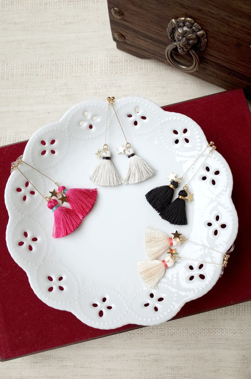 垂坠流苏星星耳环(桃/灰/黑/米) 夹式款 - 耳环/耳夹 - 绣线 多色