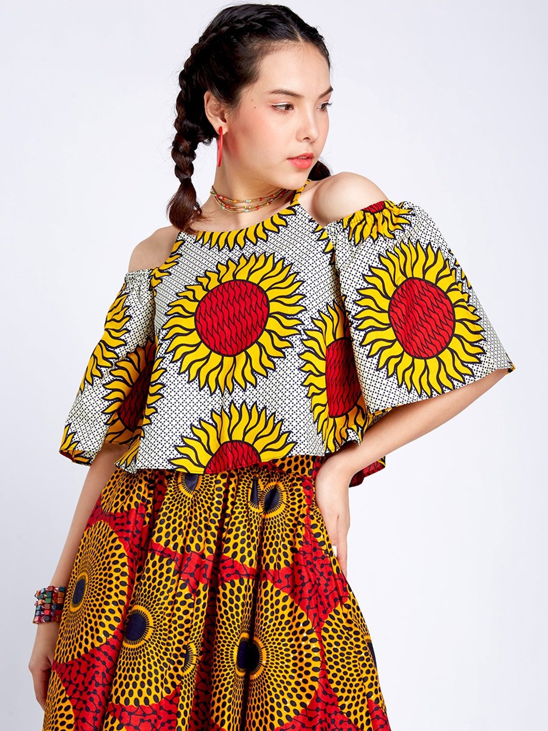 Red Sunflower Crop Top - 女装上衣 - 棉 红色